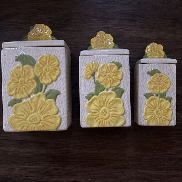 Vintage MCM Floral Ceramic Kitchen Canister Set SignedGranny Cottagecore Retro - Picture 1 of 7